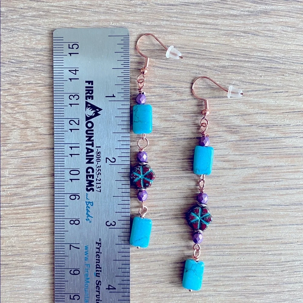 HAND CRAFTED TURQUOISE AND CZECH GLASS EARRINGS Copper Turquoise Purple Dangles